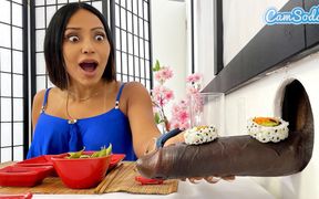 Two Busty MILF Lesbians Share Gloryhole BBC While Petite Asian Masturbates