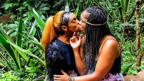 Adorable black girls make out and play with big asses at African festival