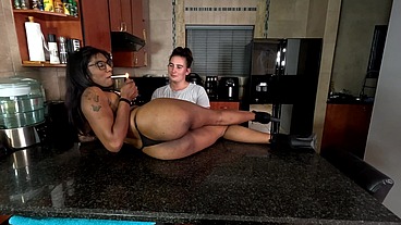 Spoiling a birthday girl with a table, lap dance, cake on body candle blow