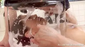Japaanese beauty thrills hunk with a wet bath sex