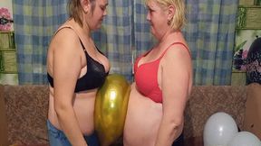 Two BBWs blow up balloons with their bellies MP4