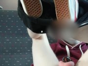 Boy in chastity plays with buttplug on the train