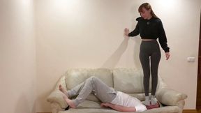 Real extreme head crush jumping trampling and full weight face standing in socks by cruel Mistress Kira