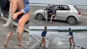 Nastya walks through deep, squelching mud in beige boots, leaving footprints with every step (custom video)