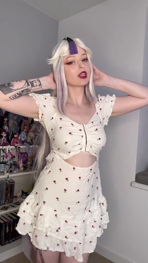 Purple hair, white dress