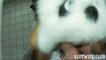 Submissive Girl Vilja in Panda Hat Delivers a Sloppy POV Bathroom Deepthroat Blowjob with Face Fuck, Spit, and Cum Drenched Face