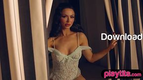 Petite MILF shows off big round tits by the pool