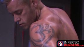 Ripped stud's gaping hole ready for cum after intense fisting