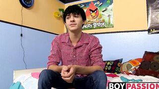 Horny emo twink interviewed on cam then jerks off