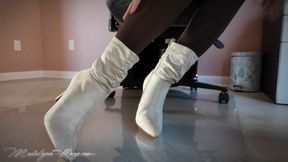 Come Under My Desk: Cream Suede Boots and Brown Opaque Tights 4K