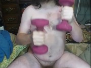 Chubby guy lifts some weights