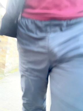 Walking in park with my Cock bulging out. Showing my cock printed on my sweat pants.