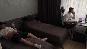 Twink jerks off while college roommate watches him in white socks