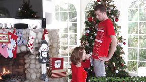 Teen brunette sucks big cock and wanks family during Christmas holiday