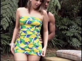 Busty shemale riding  horny slut in the garden