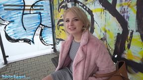 Public agent amateur college teen with short hair chats at bus stop &mdash;  takes money &mdash;  then gets deepthroat and fucked in basement