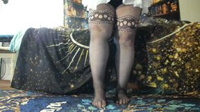 Worship Goddess' big legs, calves, feet, in fishnet pantyhose