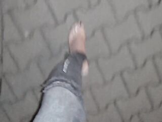 I walk in clear high heels on the street - night walk