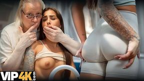 Tattooed brunette seduced by handsome dad in kitchen