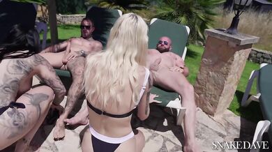 Mallorca pool party gangbang with blonde big tits and brunette cowgirls