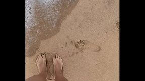 Solo girl pees on public beach, foot fetish play with lesbian friend