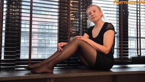 Blonde mature Lauren explores pantyhose &mdash;  teasing and self-pleasure
