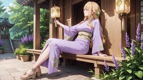 Blonde in Lavender! Kneeling Barefoot Under the Red Torii Gate, Her Andouf Fluttering in the Breeze