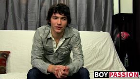Interviewed cock guzzler plays with his big dick and cums