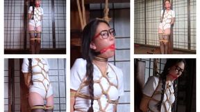 ballgag struggling hogtied shibari rope bongage tight vibrator electronic massage stick Glasses High heel Gagged woman kinbaku