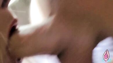 Deepthroat until cum drips from her throat heels click on leather