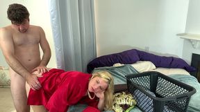 stepmom lets her stepson fuck her while folding clothes