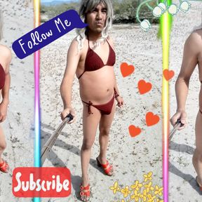 cute sexy trans with bikini and heels in public very hot