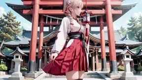 Red &amp; White Miko! Forbidden Encounter at the Shrine, Golden Hair Trembling Under Sacred Robes, From Solemn Kneel to Blurry Gaze