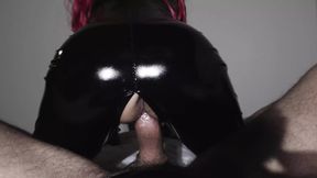 I ride him in reverse in my latex suit, but my pussy is too tight and he can&#039;t resist