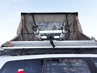 Mountain hotty shows off rooftop tent set up and light up anal intercourse