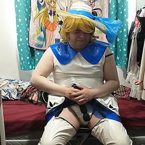 Shiny PVC Cosplay Sissy Lillie Vibrates till she cums