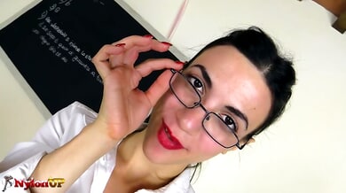 Stockinged teacher in high heels dominates with strapon during intense JOI session