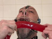 Deepthroating a long dildo with braces headgear spidergag and more