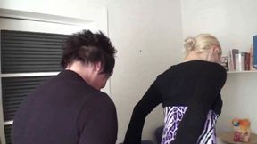 Two older mistress are trampling on their sub on the floor