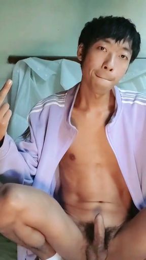 Cute Asian boy masturbates, moans, cums and eats cum on the small bed in the old factory duty room   Clip 1