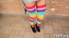 Transgender person exposes genitalia on camera.