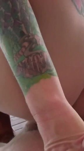 Tattooed blonde Tabitha James rides her friend's big cock