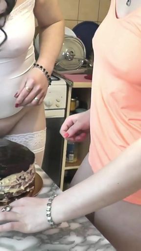 Women Day. Mature MILF and real virgin in short top T shirt without panties making cake kitchen for holiday. Girl on&hellip;   Clip 3