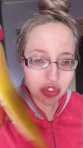 Asmr Eating Banana Pink Lipstick - Lip Fetish Food Fetish Lipstick Eyeglasses