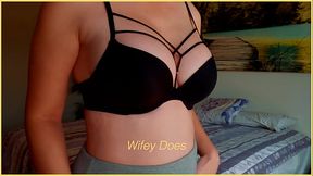 MILF hot lingerie. Big tits in black lace bra