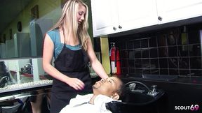 fit blonde nymphomaniac hairdresser girl with small tits seduce big black guy client to fuck at her job