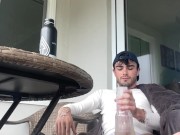 Dirty ripe college boy wanking dick on balcony