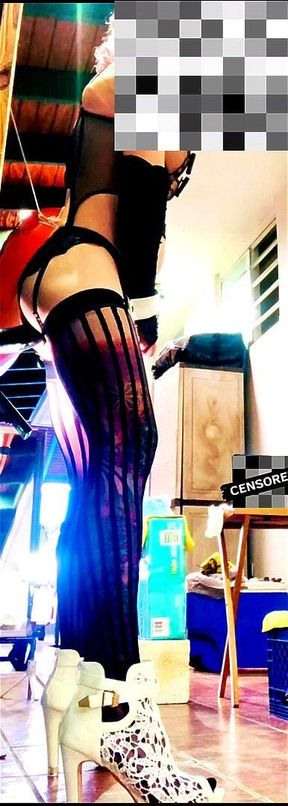 black Stocking Lingerie Shemale outside riding huge dildo