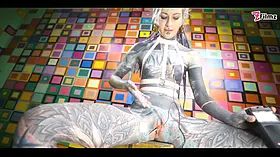 Extraordinary solo electro play in latex corset sadism sesh
