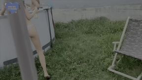 Pool party foursome ends with tiny girl giving amateur deepthroat